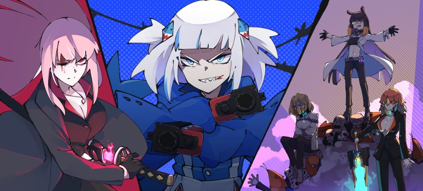 absurdres, black_hair, black_suit, blonde_hair, breasts, cleavage, formal_clothes, gangster