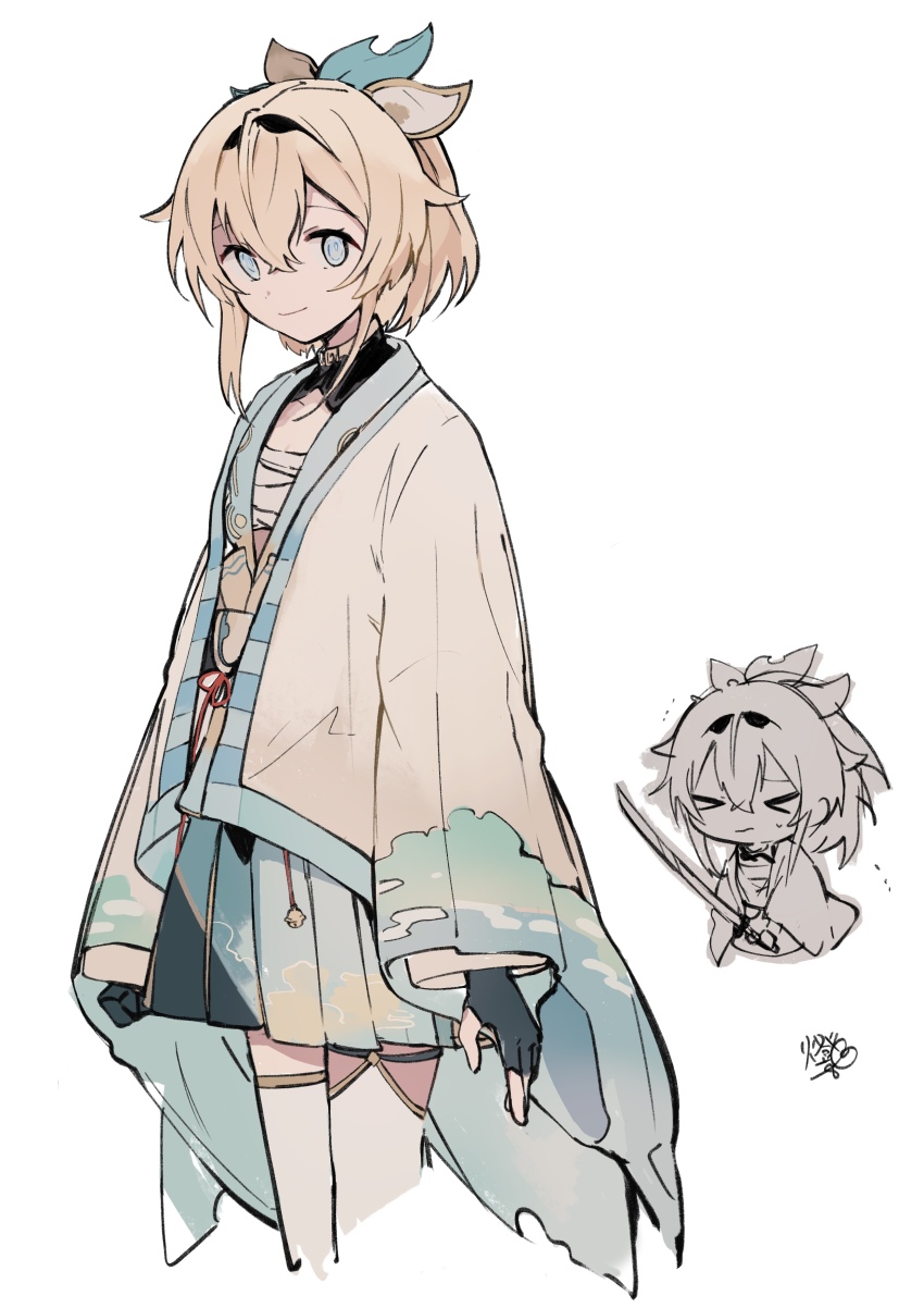 >_<, 1girl, absurdres, animal_ears, blonde_hair, blue_eyes, chest_sarashi, fingerless_gloves