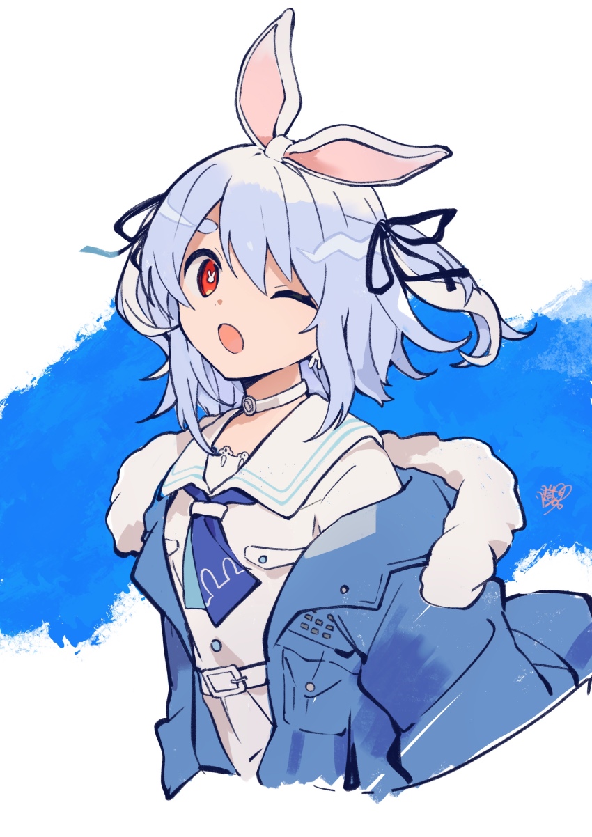 1girl, absurdres, animal_ears, blue_hair, choker, coat, fur-trimmed_coat, fur_trim