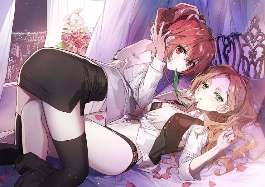 2girls, all_fours, bed, black_bra, black_legwear, black_panties, black_skirt, black_vest, bra, breasts, brown_hair, collared_shirt, curtains, feet_out_of_frame, flower, fuwa_aya, ga_bunko, green_eyes, indoors, leg_between_thighs, long_hair, long_sleeves, looking_at_viewer, lying, medium_breasts, miniskirt, mouth_hold, multiple_girls, night, novel_illustration, off_shoulder, official_art, on_back, onna_doushi_toka_arienai_desho_to_iiharu_onnanoko_wo_hyakunichikan_de_tetteiteki_ni_otosu_yuri_no_ohanashi, open_clothes, open_shirt, open_vest, panties, parted_lips, pencil_skirt, petals, pillow, ponytail, red_eyes, ribbon, sakakibara_marika, second-party_source, shirt, skirt, skirt_around_one_leg, sweatdrop, textless_version, thighhighs, thighs, underwear, vest, white_shirt, yukiko_(tesseract)
