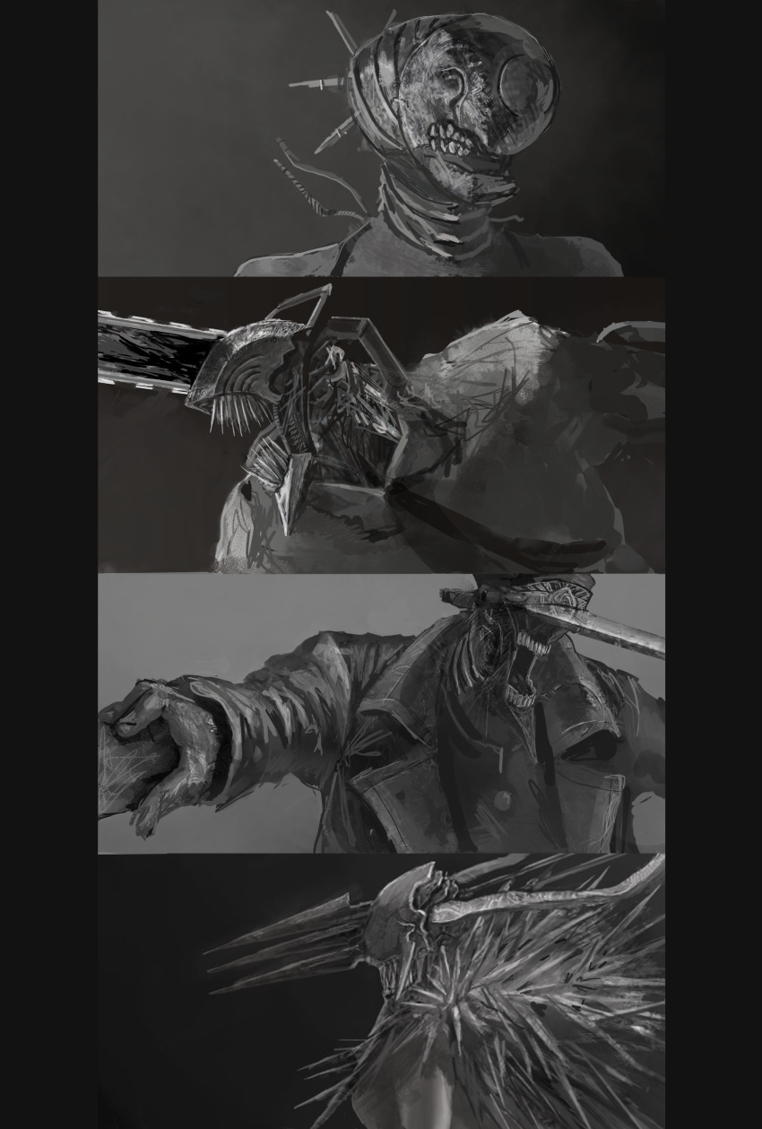 2boys, 2girls, absurdres, arrow_(projectile), black_necktie, bomb_devil_(chainsaw_man), chainsaw, chainsaw_man, coat, collage, collar, collared_shirt, crossbow_devil_(chainsaw_man), denji_(chainsaw_man), facing_away, facing_to_the_side, grey_background, greyscale, highres, horns, hybrid, katana, katana_man_(chainsaw_man), kishima_(ki123454321), long_horns, long_sleeves, monochrome, multiple_boys, multiple_girls, necktie, open_mouth, pillarboxed, quanxi_(chainsaw_man), reze_(chainsaw_man), sharp_teeth, shirt, simple_background, spikes, sword, teeth, trench_coat, weapon, white_shirt