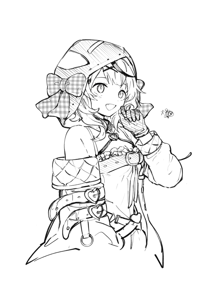 absurdres, animal_hood, belt, bow, gloves, greyscale, heart, highres