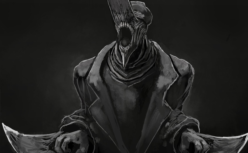 absurdres, chainsaw_man, coat, collar, grey_background, greyscale, highres, hybrid