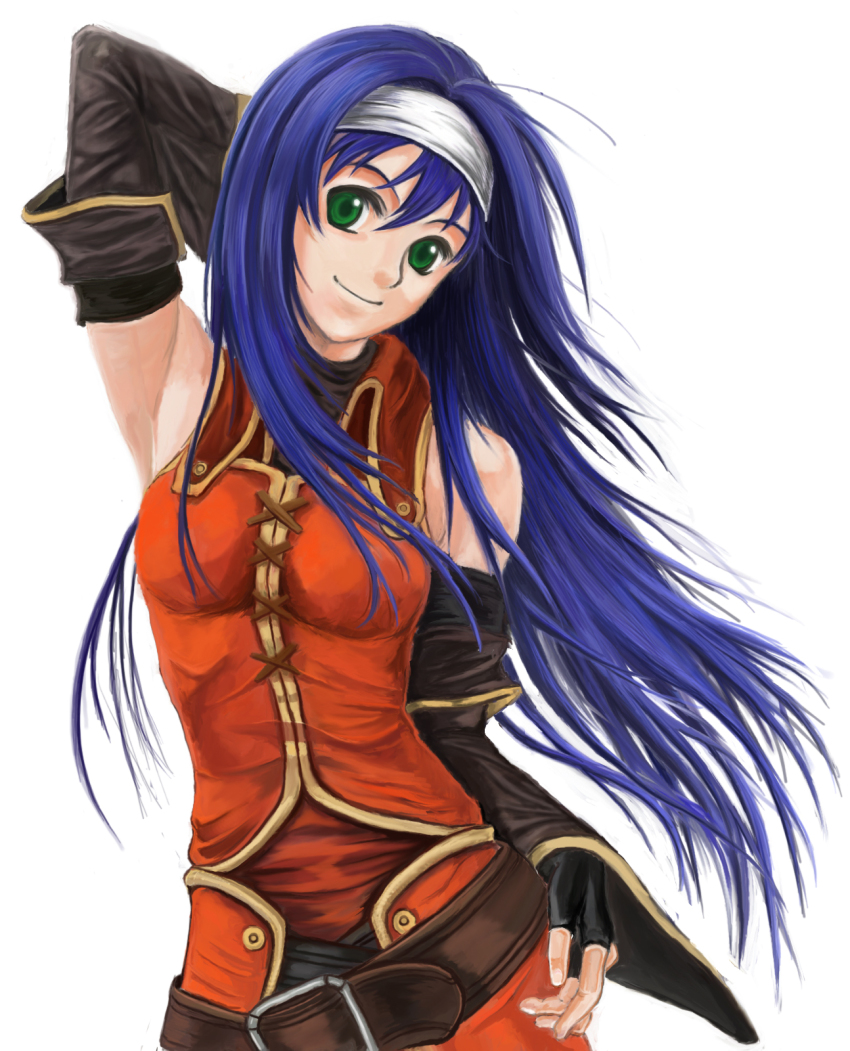 1girl, armpits, bare_shoulders, belt, blue_hair, breasts, female_focus, fingerless_gloves, fire_emblem, fire_emblem:_path_of_radiance, fire_emblem:_radiant_dawn, gloves, green_eyes, hand_on_own_hip, headband, highres, hip_focus, jack_(kairuhaido), jack_(pixiv), long_hair, mia_(fire_emblem), nintendo, simple_background, smile, solo