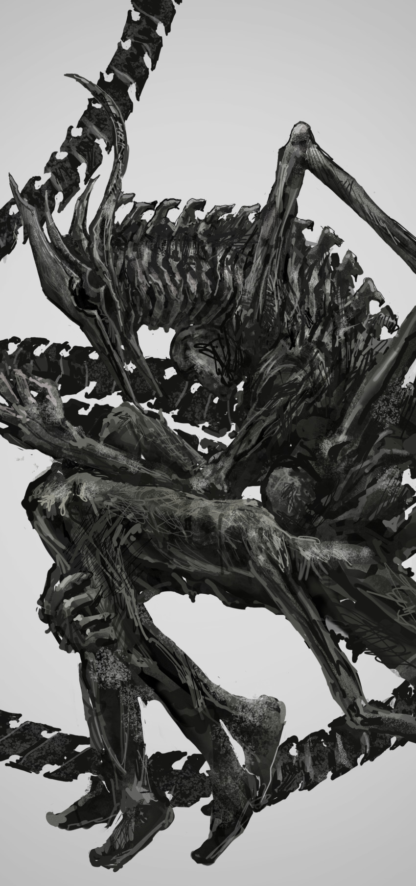 1other, absurdres, animal_skull, bone, chainsaw_man, darkness_devil, extra_arms, extra_legs, facing_down, fetal_position, greyscale, highres, horns, kishima_(ki123454321), monochrome, multiple_heads, no_humans, simple_background, skeleton, solo, spine, white_background