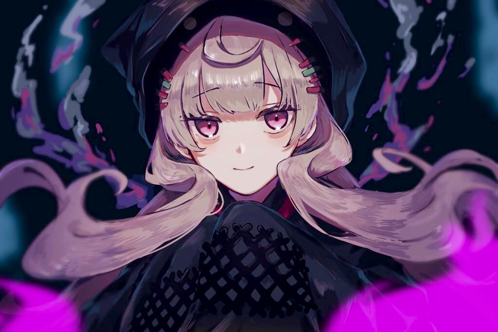 1girl, ahoge, bags_under_eyes, blunt_bangs, cowlick, grey_hair, hair_ornament, hood