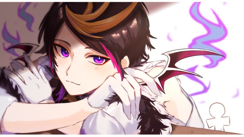 1boy, arm_support, black_hair, cowlick, gloves, letterboxed, looking_at_viewer, male_focus