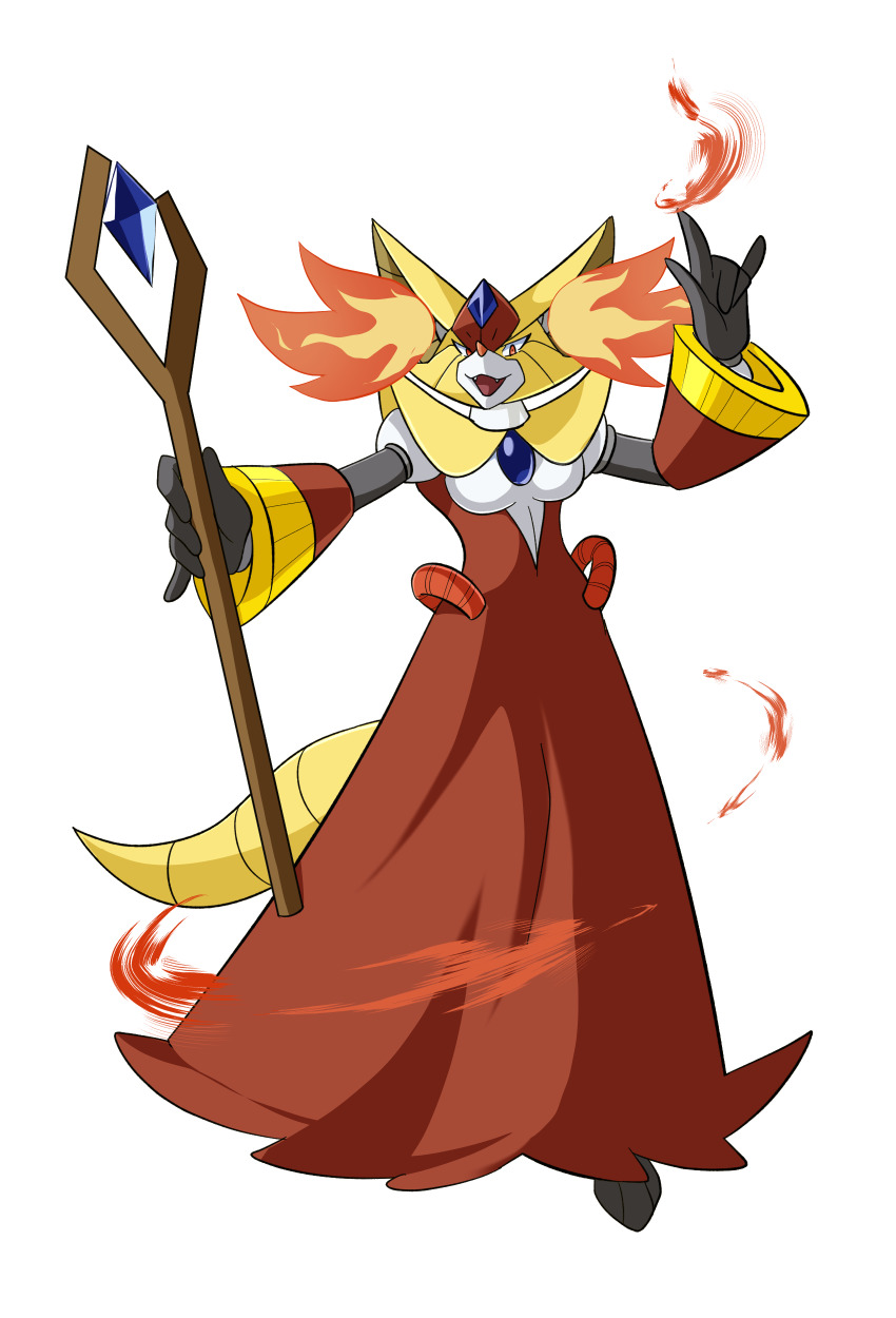 absurdres, commentary_request, delphox, fangs, fire, full_body, gen_6_pokemon, highres, holding, holding_staff, mechanization, mega_man_(series), mega_man_x_(series), nintendo, no_humans, open_mouth, parody, pokemon, pokemon_(creature), solo, spray_poka, staff, standing, style_parody, transparent_background