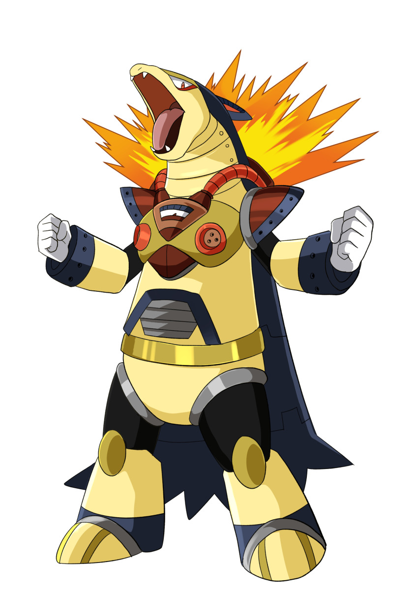 absurdres, clenched_hands, commentary_request, fangs, fire, full_body, gen_2_pokemon, highres