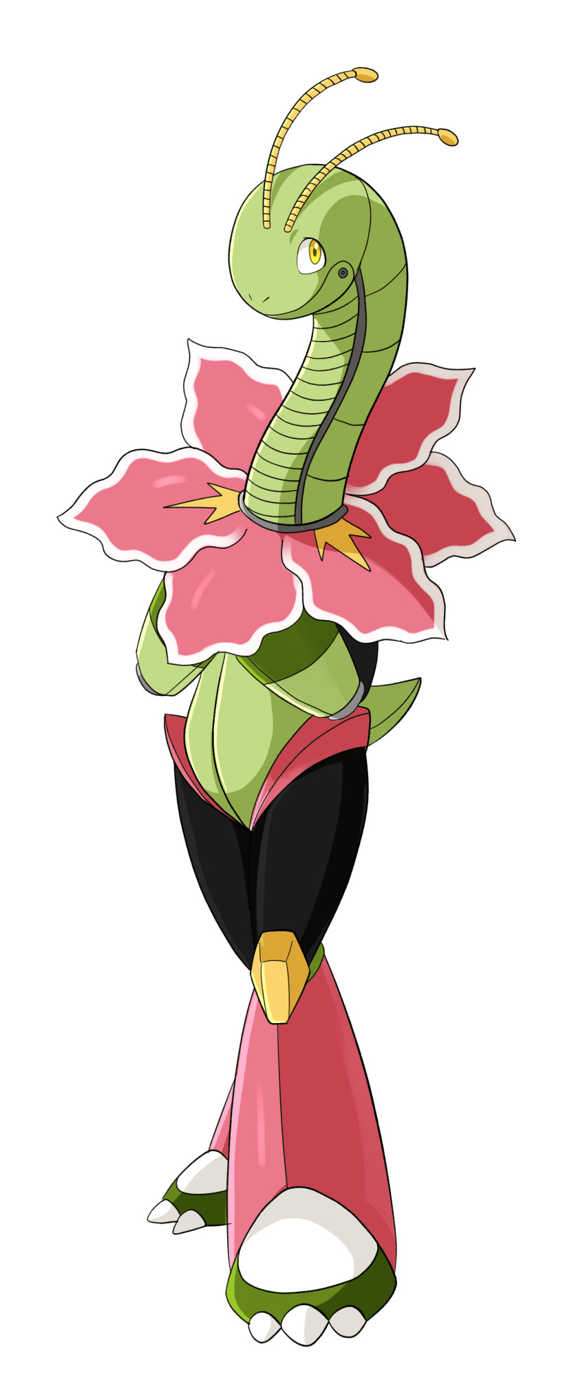 absurdres, antennae, closed_mouth, commentary_request, full_body, gen_2_pokemon, highres, mechanization, mega_man_(series), mega_man_x_(series), meganium, nintendo, no_humans, parody, pokemon, pokemon_(creature), solo, spray_poka, standing, style_parody, transparent_background, yellow_eyes