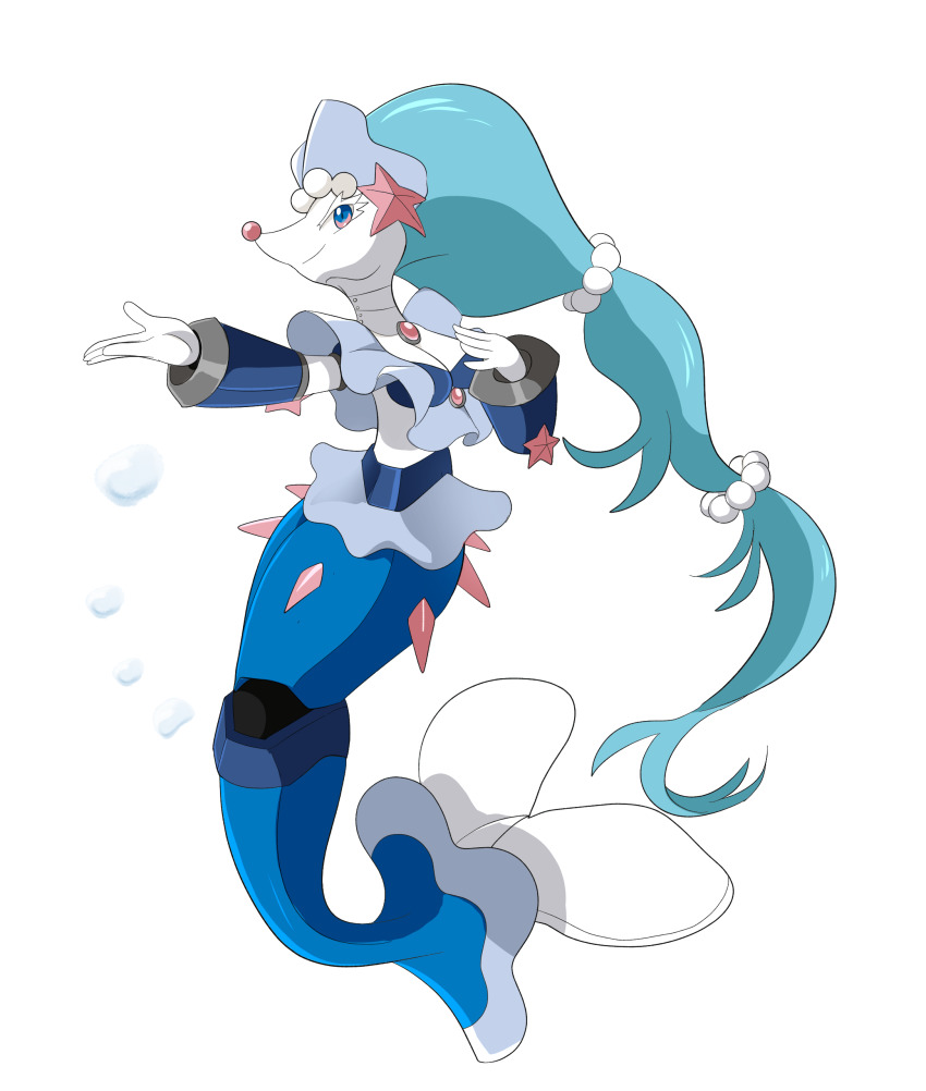 absurdres, blue_eyes, blue_hair, breasts, bubble, closed_mouth, commentary_request, full_body, gen_7_pokemon, highres, long_hair, mechanization, mega_man_(series), mega_man_x_(series), mermaid, monster_girl, nintendo, no_humans, parody, pokemon, pokemon_(creature), primarina, smile, solo, spray_poka, style_parody, transparent_background, very_long_hair