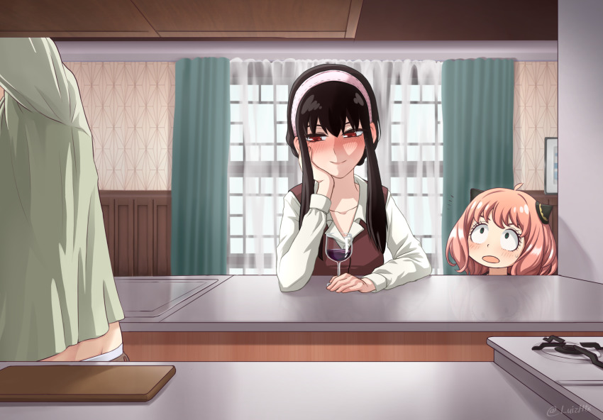 1boy, 2girls, ahoge, anya_(spy_x_family), arm_rest, blush, child, closed_mouth