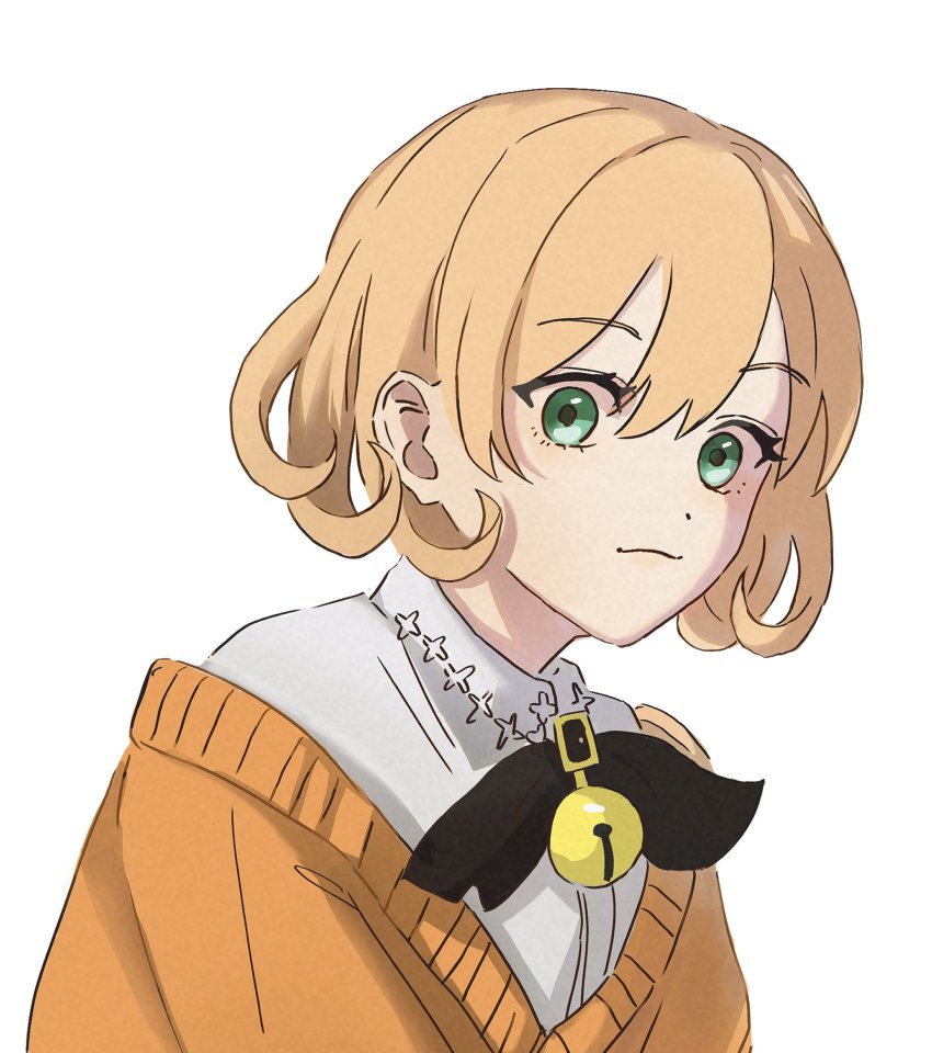 1girl, :3, absurdres, bell, blonde_hair, bob_cut, cardigan, curly_hair