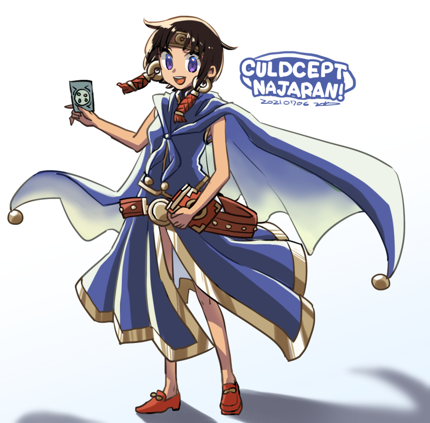 1girl, card, culdcept, dark_skin, english_text, headband, highres, najaran