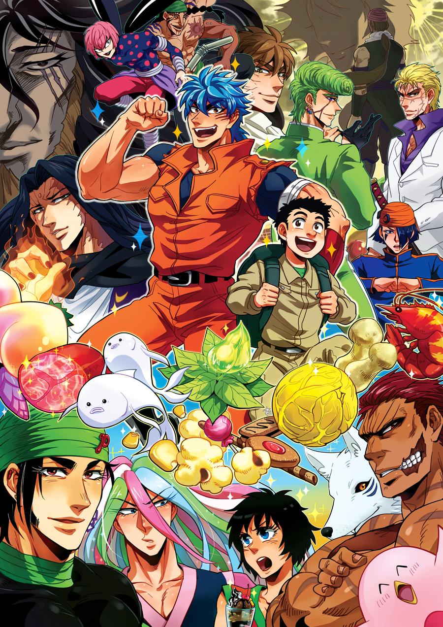 acacia_(toriko), anzumame, backpack, bag, beard, biscuit_(bread), black_hair, black_sclera