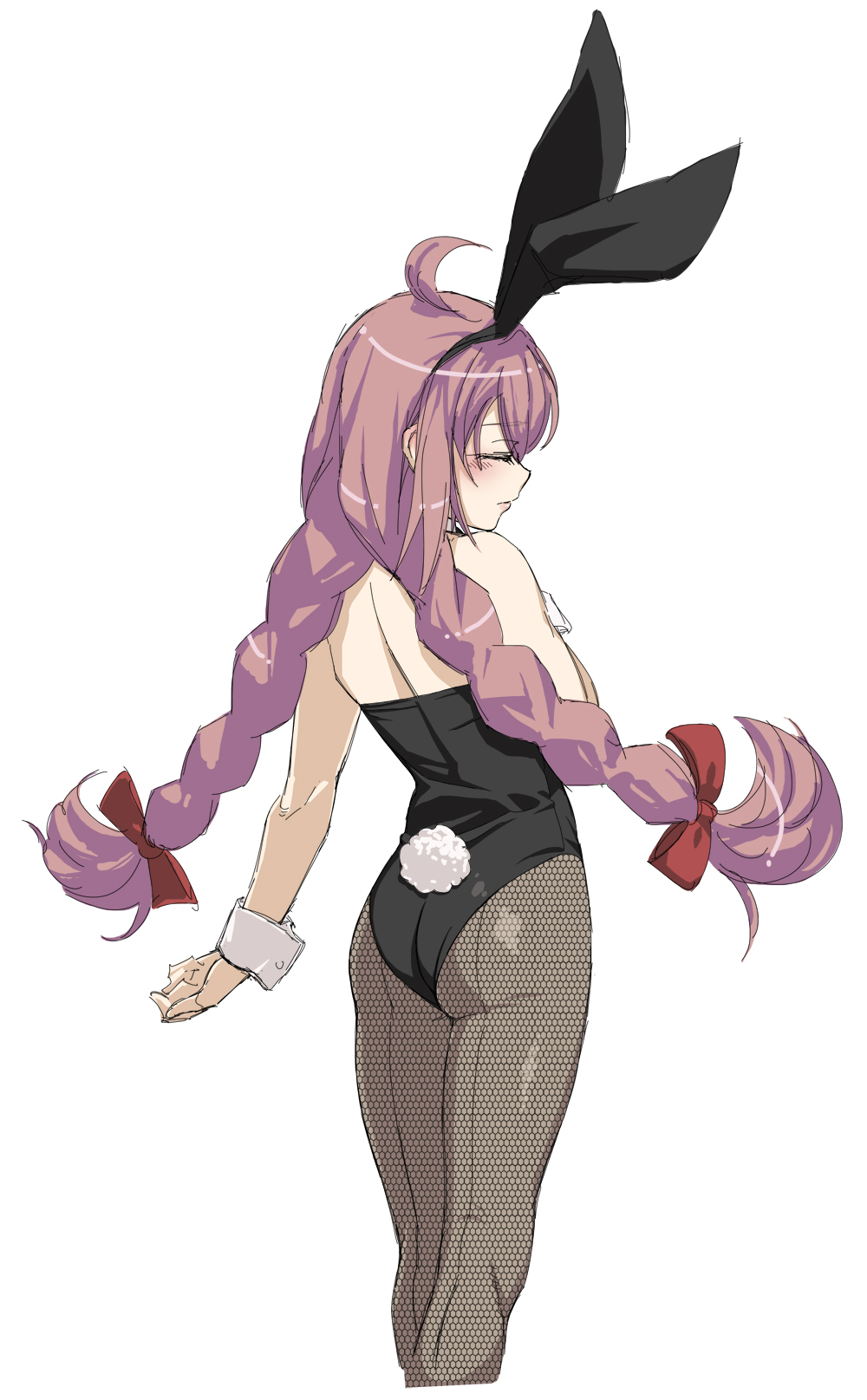 1girl, ahoge, alternate_costume, animal_ears, arm_at_side, ass, bare_arms, bare_shoulders