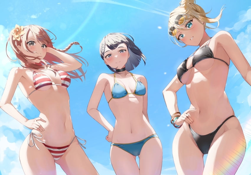 3girls, bikini, black_hair, blonde_hair, blue_bikini, blue_eyes, blue_sky, blush, braid, breasts, brown_eyes, brown_hair, character_request, choker, cleavage, closed_mouth, cloud, collarbone, commission, copyright_request, cowboy_shot, day, eyewear_on_head, flag_print, flower, from_below, gluteal_fold, hair_between_eyes, hair_flower, hair_ornament, hand_on_own_hip, hands_on_own_hips, jewelry, long_hair, looking_at_viewer, medium_breasts, medium_hair, morros, multiple_girls, navel, outdoors, parted_bangs, parted_lips, ponytail, short_hair, side-tie_bikini_bottom, sidelocks, skeb_commission, sky, small_breasts, smile, standing, station_memories, string_bikini, striped, sunglasses, swimsuit, thigh_gap, twintails, underboob, white_hair