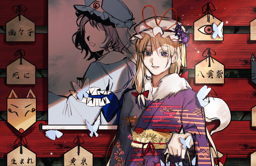 1girl, 2girls, :d, absurdres, alternate_costume, asymmetrical_hair, blonde_hair, blue_bow