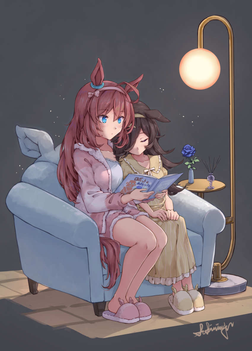 ahoge, animal_ears, armchair, black_hair, blue_flower, blue_rose, blush, breasts, brown_hair, chair, closed_eyes, closed_mouth, collarbone, dress, ear_ornament, ears_down, flower, full_body, fur-trimmed_pajamas, fur_trim, grey_background, hair_over_one_eye, hairband, highres, horse_ears, horse_girl, horse_tail, incense, lamp, long_hair, medium_breasts, mihono_bourbon_(umamusume), open_pajamas, pajamas, pink_hairband, pink_slippers, rice_shower_(umamusume), rose, sakimiya_(inschool), shirt, short_sleeves, simple_background, sitting, sleeping, sleeping_upright, slippers, table, tail, umamusume, vase, very_long_hair, white_shirt, yellow_dress, yellow_slippers