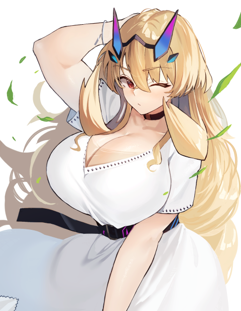 1girl, bare_shoulders, barghest_(dream_portrait)_(fate), barghest_(fate), belt, blonde_hair, blush, breasts, cleavage, collarbone, dress, fate/grand_order, fate_(series), horns, large_breasts, long_hair, looking_at_viewer, one_eye_closed, red_eyes, smile, solo, suminagashi, white_dress