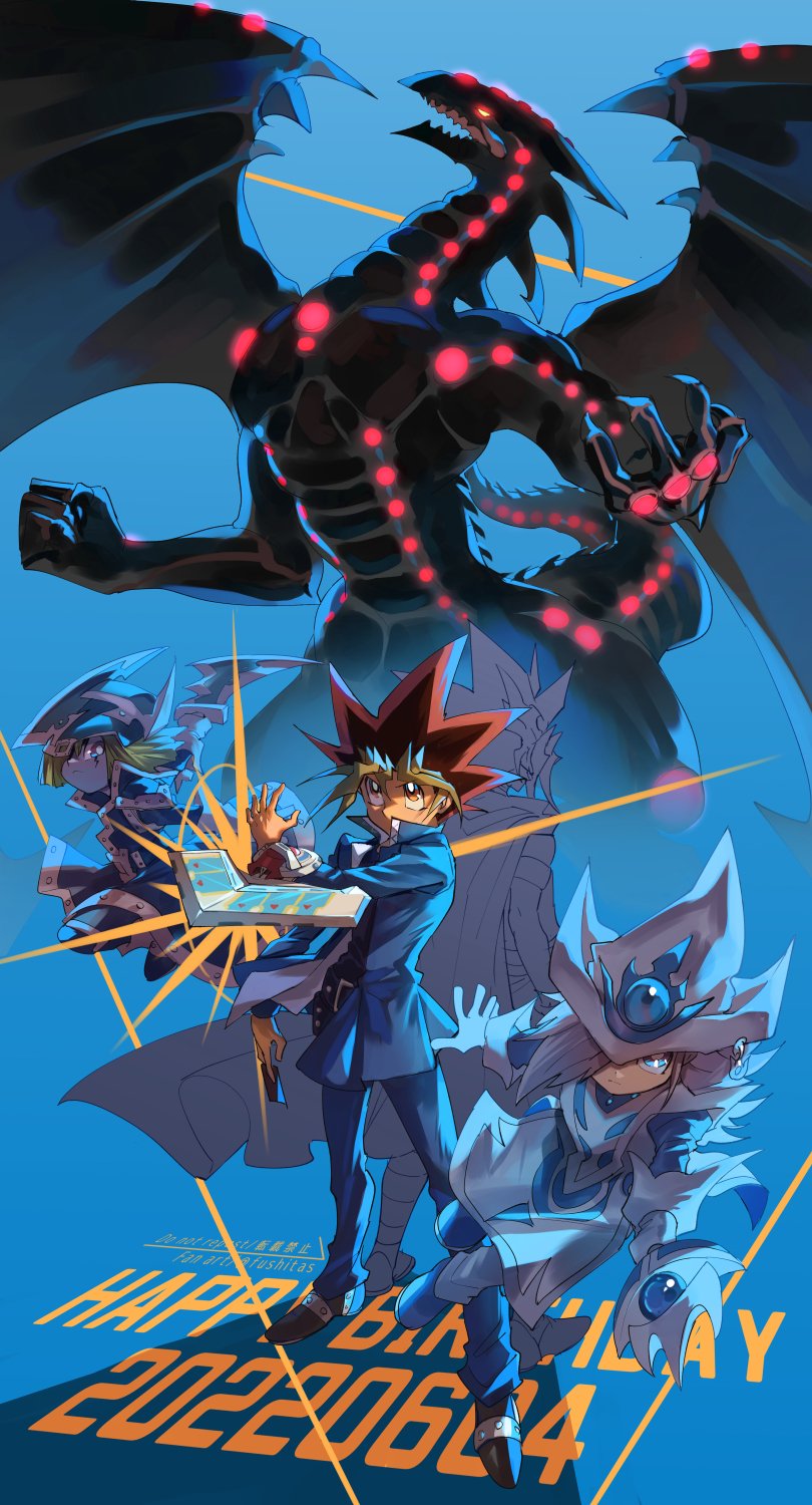 1girl, 3boys, black_hair, blonde_hair, blue_background, blue_dress, blue_eyes, card, card_(medium), character_request, dragon, dress, duel_disk, duel_monster, fushitasu, gandora_the_dragon_of_destruction, gloves, grey_gloves, happy_birthday, hat, highres, holding, holding_card, holding_sword, holding_weapon, multicolored_hair, multiple_boys, muto_yugi, purple_eyes, silent_magician, silent_magician_lv4, silent_swordsman, silent_swordsman_lv3, sword, weapon, white_hair, witch_hat, yami_yugi, yu-gi-oh!, yu-gi-oh!_duel_monsters