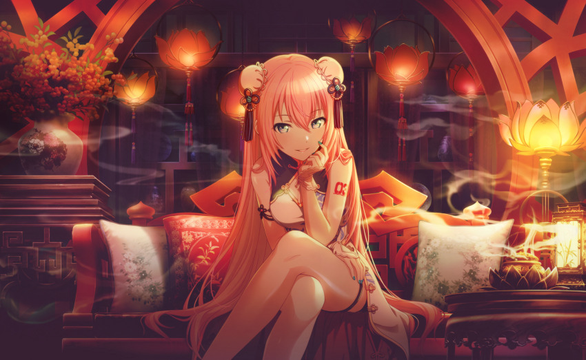 1girl, aqua_nails, architecture, bare_legs, bare_shoulders, blue_eyes, bun_cover, cabinet, chaise_longue, china_dress, chinese_clothes, cleavage_cutout, clothing_cutout, colorful_palette, crossed_legs, curtains, cushion, darkness, dot_nose, double_bun, dress, east_asian_architecture, elbow_rest, fingernails, gold_trim, hair_between_eyes, hair_bun, hair_ornament, hair_strand, hakunetsu!_kamikou_ouendan!_(project_sekai), head_rest, highres, lantern, light, long_hair, looking_at_viewer, megurine_luka, nail_polish, number_tattoo, official_art, parted_lips, pink_hair, plate, project_sekai, shiny_skin, shoulder_tattoo, smile, smoke, solo, steam, straight_hair, table, tassel, tassel_hair_ornament, tattoo, thigh_strap, tsurime, two_side_up, vase, very_long_hair, vocaloid, white_dress, wonderlands_x_showtime_(project_sekai), wonderlands_x_showtime_luka