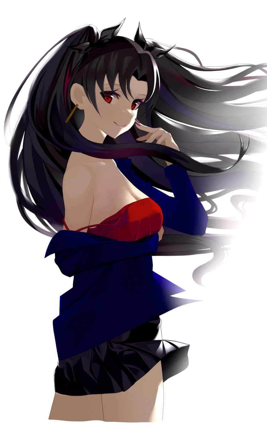 1girl, black_hair, black_skirt, blue_jacket, breasts, cleavage, earrings, fate/grand_order, fate_(series), hair_ribbon, highres, ishtar_(fate), ishtar_(under_the_same_sky)_(fate), jacket, jewelry, long_hair, long_sleeves, looking_at_viewer, medium_breasts, off_shoulder, open_clothes, open_jacket, parted_bangs, red_eyes, ribbon, san_ji, skirt, smile, thighs, two_side_up