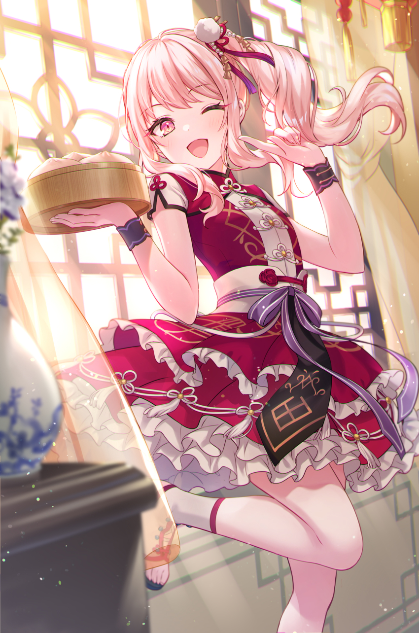 1girl, ;d, akiyama_mizuki, bamboo_steamer, blurry, blurry_foreground, bow, chinese_clothes, chinese_knot, commentary, curtains, day, dim_sum, dress, frilled_dress, frills, hair_ornament, hakunetsu!_kamikou_ouendan!_(project_sekai), hand_up, highres, holding, iku2727, index_finger_raised, indoors, lattice, layered_dress, lolita_fashion, long_hair, looking_at_viewer, one_eye_closed, open_mouth, pink_eyes, pink_hair, project_sekai, purple_bow, purple_ribbon, qi_lolita, red_dress, ribbon, sash, short_dress, short_sleeves, side_ponytail, smile, solo, standing, standing_on_one_leg, toeless_footwear, toggles, tsurime, waist_bow, wavy_hair, white_footwear, window, wrist_cuffs