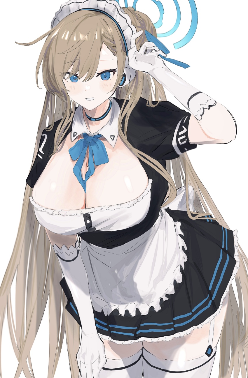 1girl, absurdres, apron, asuna_(blue_archive), black_skirt, black_sleeves, blue_archive, blue_eyes, blue_ribbon, breasts, brown_hair, choker, commentary_request, cowboy_shot, forehead, frilled_apron, frilled_skirt, frills, gloves, hair_ornament, hair_over_shoulder, hair_ribbon, halo, highres, huge_breasts, kohaku_sogo, leaning_forward, long_hair, maid, maid_apron, maid_headdress, open_mouth, parted_bangs, ribbon, shadow, short_sleeves, simple_background, skirt, solo, teeth, thighhighs, very_long_hair, white_background, white_gloves, white_thighhighs