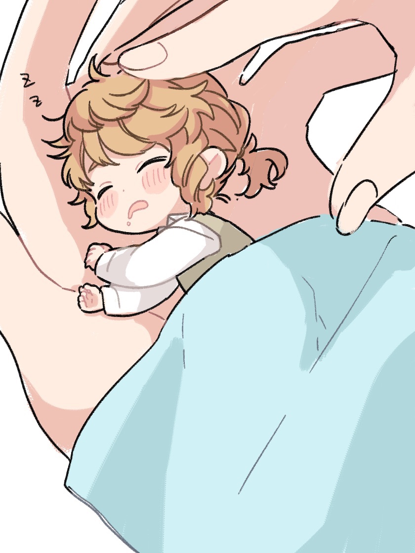 1boy, blanket, brown_hair, chibi, closed_eyes, collared_shirt, drooling, hand_on_another's_head, headpat, in_palm, long_sleeves, lying, mikage_kojirou, mini_person, miniboy, on_side, out_of_frame, ponytail, shirt, short_hair, sidelocks, simple_background, sleeping, solo_focus, tokimeki_memorial, tokimeki_memorial_girl's_side, tokimeki_memorial_girl's_side_4th_heart, under_covers, vest, white_background, white_shirt, yukijiro, zzz