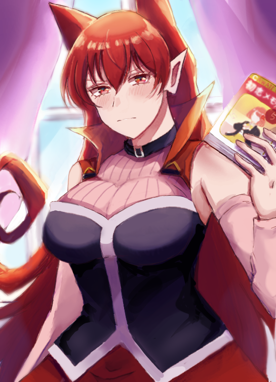 1girl, arm_warmers, azazel_ameri, black_choker, blush, breasts, choker, curtains, hair_between_eyes, hair_horns, indoors, large_breasts, long_hair, mairimashita!_iruma-kun, manga_(object), pointy_ears, red_eyes, red_hair, shinononome_(chrysalis), solo, standing, very_long_hair, window