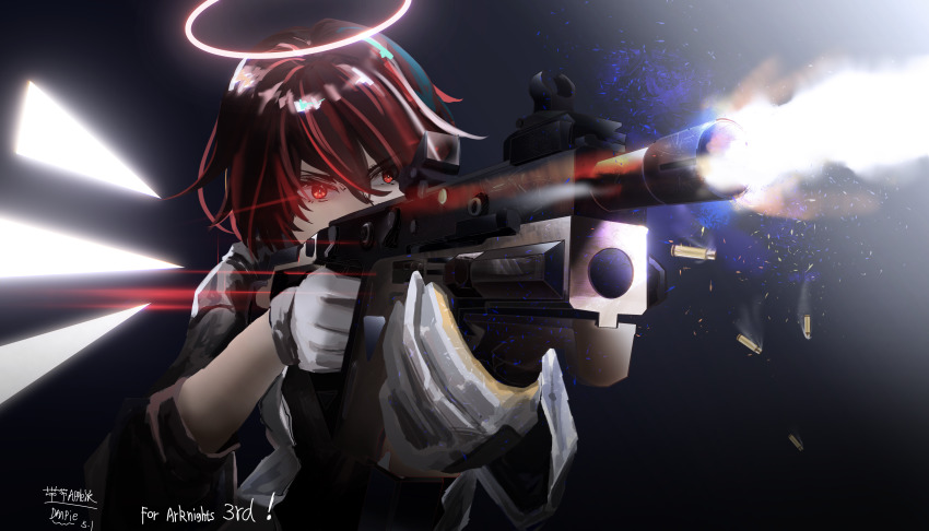 1girl, absurdres, aiming, arknights, asymmetrical_sleeves, black_background, black_shirt, casing_ejection