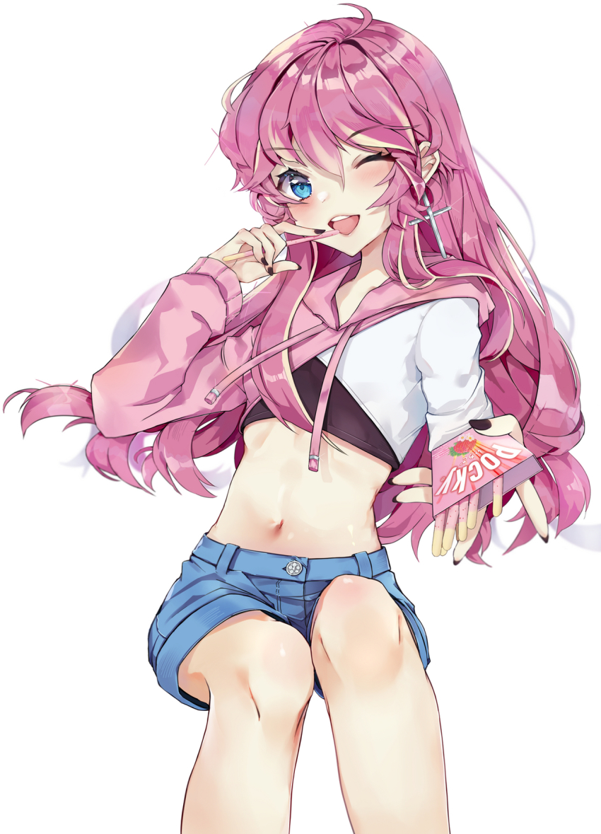 1girl, ;d, black_nails, blue_eyes, cattyhime, cross, cross_earrings, denim, denim_shorts, earrings, eating, feet_out_of_frame, food, highres, jewelry, long_hair, long_sleeves, nail_polish, navel, one_eye_closed, open_mouth, pink_hair, pocky, seraphina_(unordinary), short_shorts, shorts, simple_background, sitting, smile, unordinary, white_background