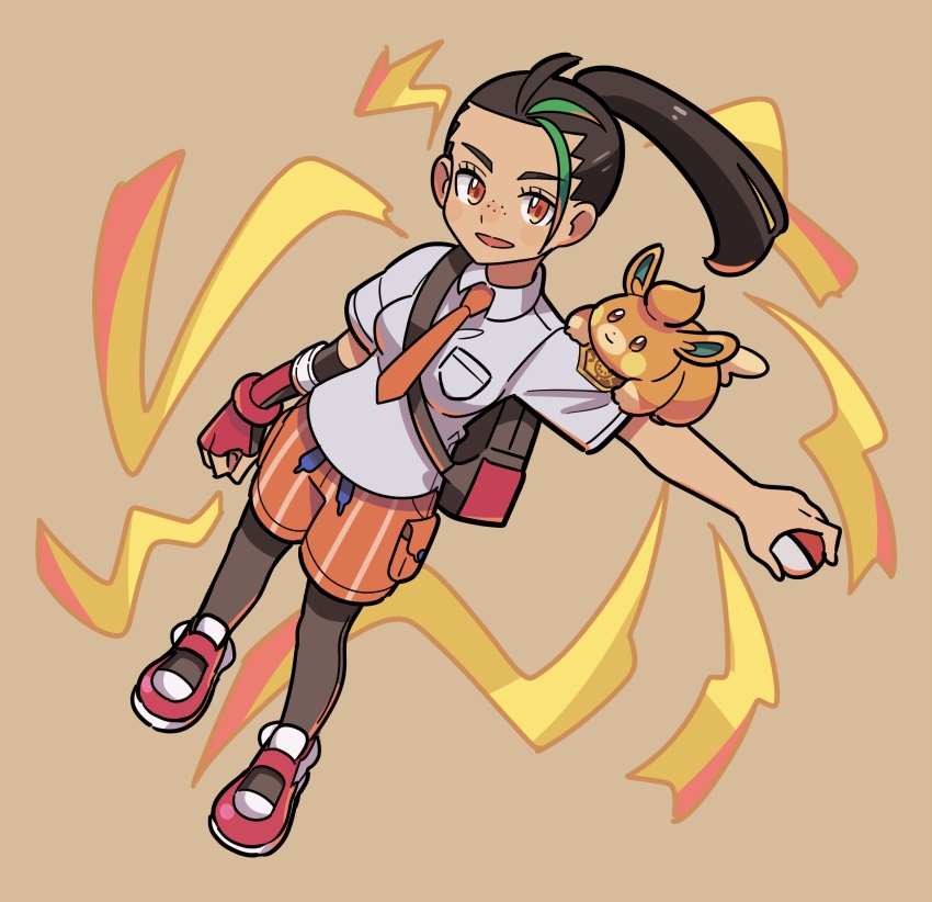 1girl, absurdres, backpack, bag, brown_pantyhose, collared_shirt, commentary_request, dark-skinned_female, dark_skin, eyelashes, fingerless_gloves, freckles, gloves, green_hair, highres, holding, holding_poke_ball, multicolored_hair, necktie, nemona_(pokemon), nintendo, open_mouth, orange_eyes, orange_necktie, orange_shorts, outstretched_arm, pantyhose, pawmi, poke_ball, poke_ball_(basic), pokemon, pokemon_(creature), pokemon_on_arm, pokemon_scarlet_and_violet, ponytail, red_footwear, red_gloves, shirt, shoes, shorts, single_glove, smile, stchame, streaked_hair