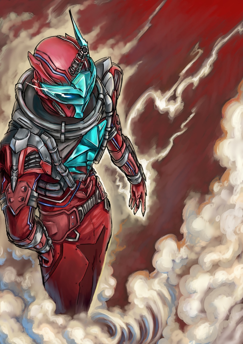 1boy, absurdres, alien, armor, asymmetrical_horns, blood_stalk, cobra_(animal), cowboy_shot