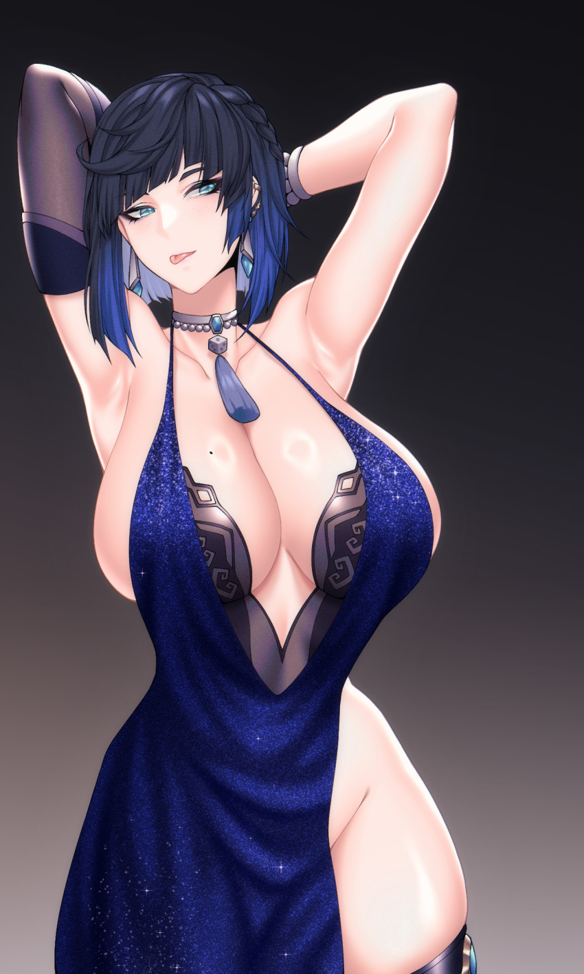 1girl, armpits, arms_up, asymmetrical_gloves, bare_shoulders, blue_dress, bob_cut, breasts
