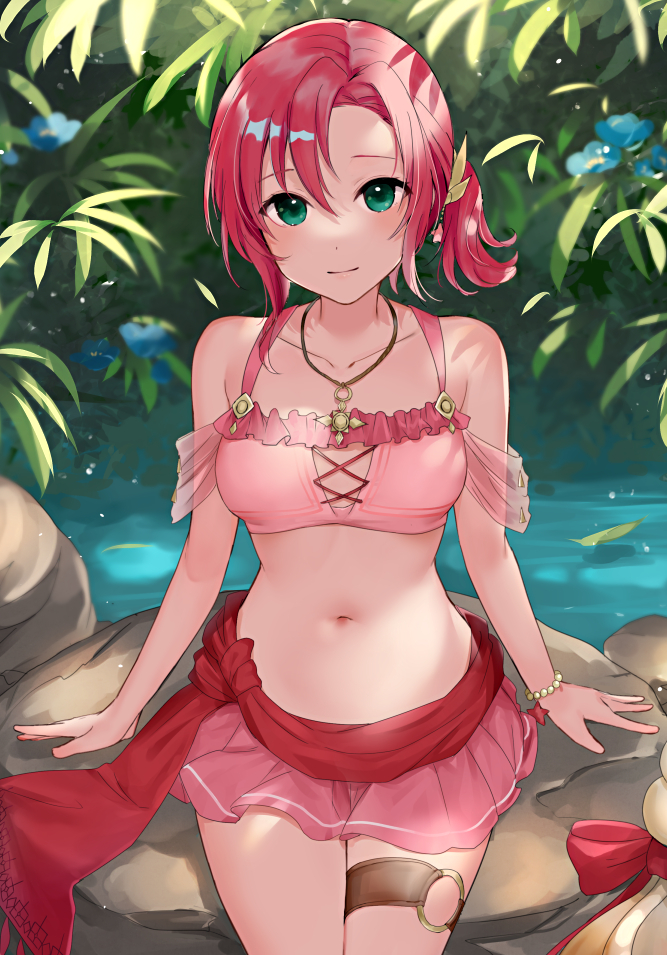 1girl, aqua_eyes, bare_shoulders, bikini, bikini_skirt, bracelet, breasts, collarbone, commission, cowboy_shot, dappled_sunlight, fire_emblem, fire_emblem:_shadow_dragon, fire_emblem_heroes, frilled_bikini, frills, haru_(nakajou-28), jewelry, looking_at_viewer, navel, necklace, nintendo, norne_(fire_emblem), norne_(summer)_(fire_emblem), official_alternate_costume, pink_bikini, red_hair, river, rock, sitting, small_breasts, smile, solo, sunlight, swimsuit, thigh_strap