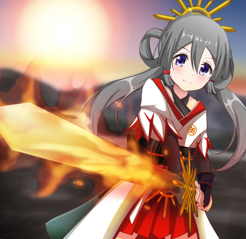 >:), 1girl, black_sash, blurry, blurry_background, blush, bridal_gauntlets, cowboy_shot