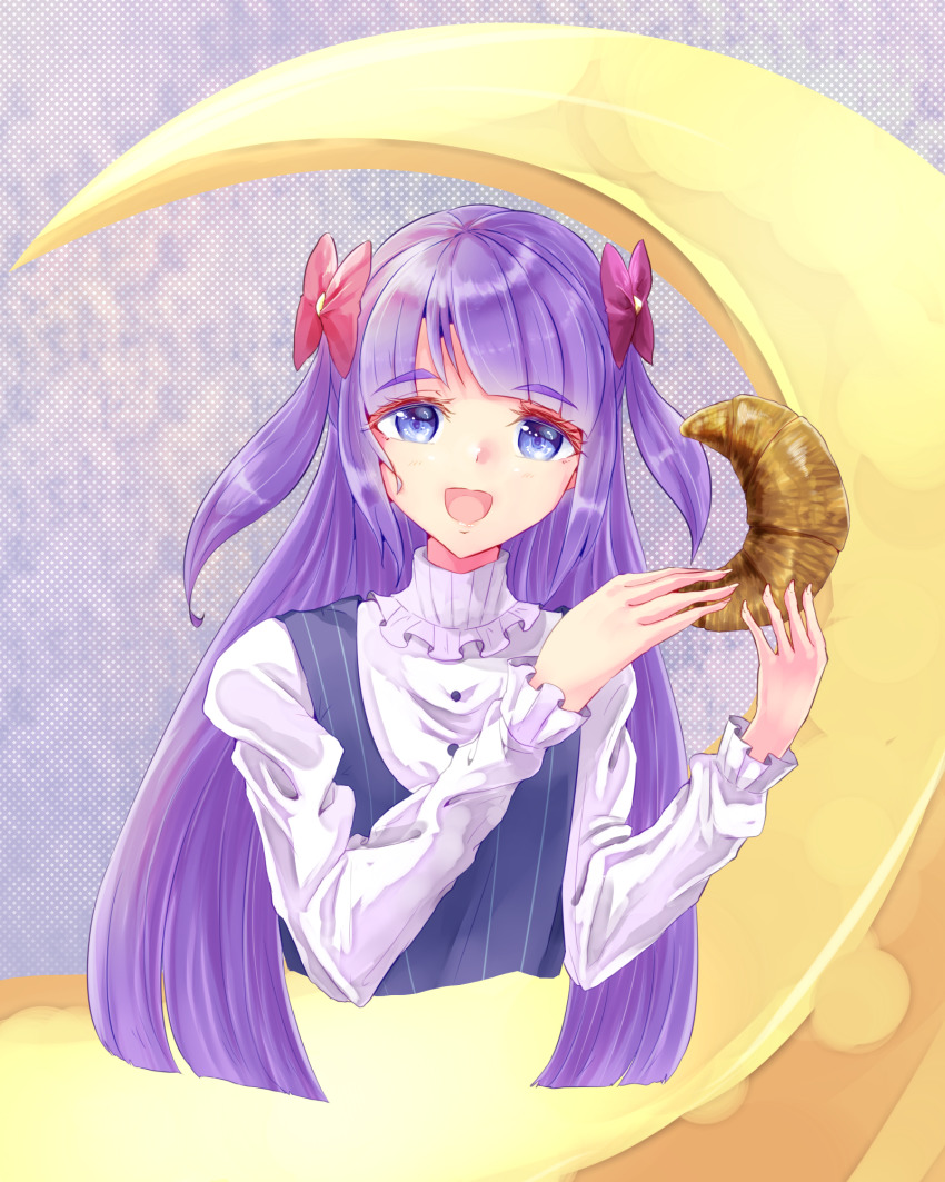 bakery, bread, casual, collared_shirt, crescent_moon, croissant, dress, dress_shirt