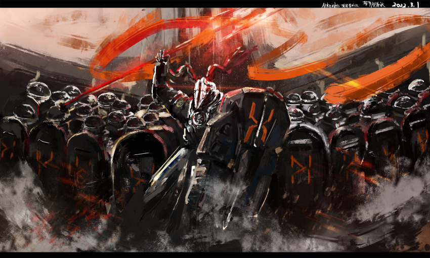 1boy, 6+others, absurdres, ambiguous_gender, animal_skull, antlers, arknights, arm_up