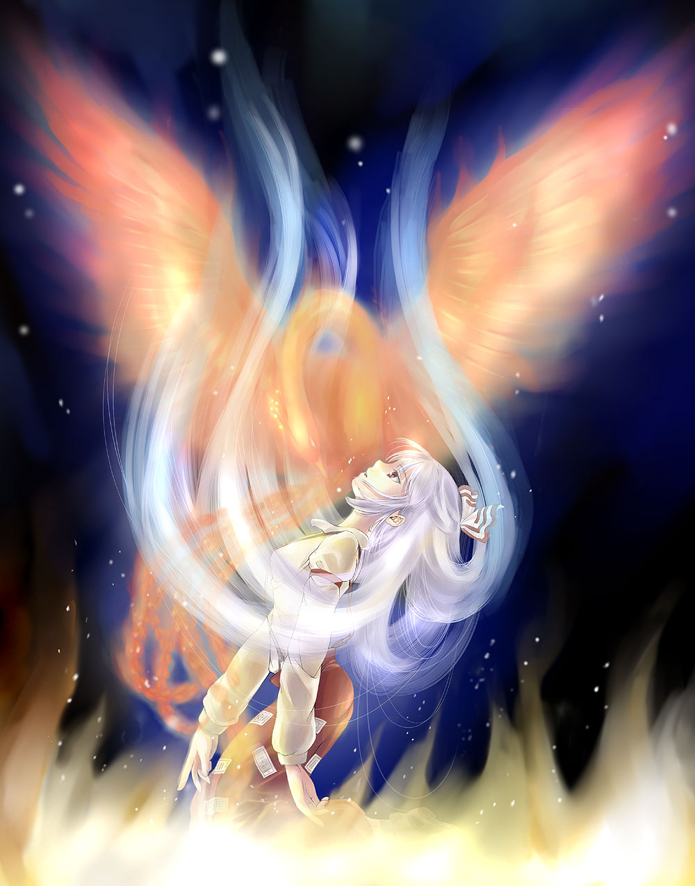 1girl, bad_id, bad_pixiv_id, bird, bow, dark, female_focus, fiery_wings