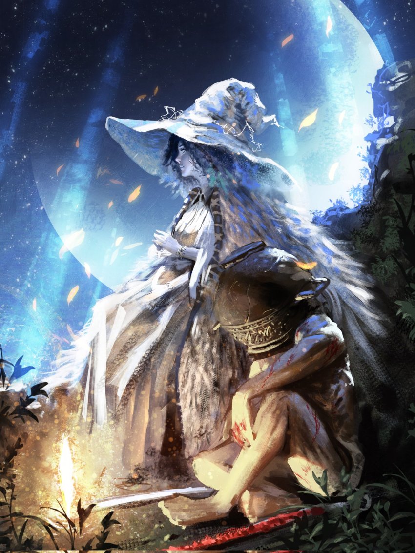 1boy, 1girl, blue_eyes, blue_hair, blue_skin, cloak, closed_mouth, colored_skin, cracked_skin, doll_joints, dress, elden_ring, extra_arms, fur_cloak, hat, helmet, highres, holding, holding_sword, holding_weapon, javi_martinez, joints, katana, let_me_solo_her, long_hair, making-of_available, moon, muscular, muscular_male, navel, one_eye_closed, pot_on_head, prosthesis, prosthetic_arm, ranni_the_witch, smile, sword, tarnished_(elden_ring), weapon, white_dress, white_headwear, witch, witch_hat