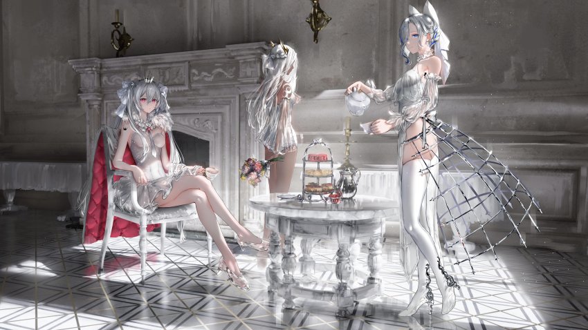 3girls, absurdres, ass, babydoll, bare_arms, bare_legs, bare_shoulders, blue_eyes, blue_hair, boots, bouquet, braid, breasts, candlestand, crossed_legs, crown, crown_braid, crown_tattoo, cup, dark-skinned_female, dark_skin, detached_sleeves, dress, fireplace, floor, flower, food, fur_trim, gawako, glass_footwear, grey_hair, hair_between_eyes, hair_over_one_eye, hair_ribbon, high_heels, highres, holding, holding_bouquet, holding_cup, holding_teapot, indoors, long_hair, long_sleeves, looking_away, marble_(stone), medium_breasts, mini_crown, multicolored_hair, multiple_girls, necktie, original, pelvic_curtain, pitcher_(container), plate, pouring, red_eyes, ribbon, round_table, see-through_clothes, see-through_sleeves, sidelocks, sitting, strapless, strapless_dress, streaked_hair, table, teacup, teapot, thigh_boots, thighhighs, thighs, twintails, two-tone_hair, wall, white_legwear