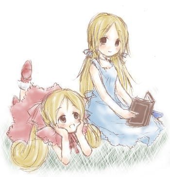 00s, 2girls, bemani, blonde_hair, blue_dress, book, brown_eyes, dress, gitadora, grass, hair_ribbon, hands_on_own_cheeks, hands_on_own_face, holding, holding_book, icaro, lily_(gitadora), looking_at_another, lowres, multiple_girls, pink_dress, ribbon, rose_(gitadora), siblings, simple_background, sisters