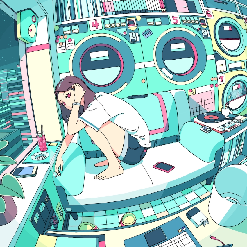 1girl, absurdly_detailed_composition, adjusting_hair, akabane_1999, ashtray, barefoot, blue_theme, brown_hair, cellphone, cigarette, commentary_request, computer, couch, denim, denim_shorts, full_body, highres, indoors, laptop, laundry, loaded_interior, on_couch, original, phone, pink_eyes, roomscape, shorts, solo, squatting, table, tile_floor, tiles, washing_machine, window