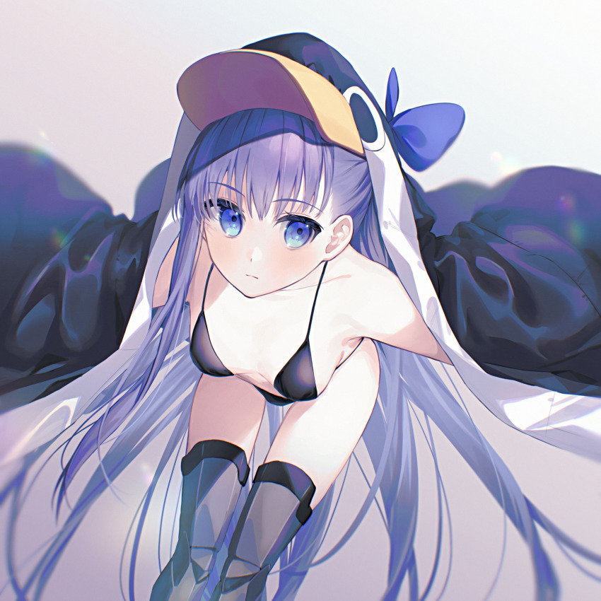 1girl, absurdres, animal_costume, animal_hood, bent_over, bikini, bikini_under_clothes, black_bikini