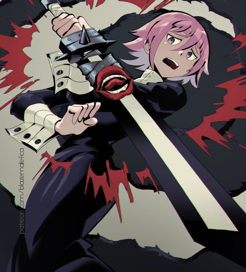 androgynous, artist_name, blazemalefica, blood, crona_(soul_eater), dress, frown, gauntlets