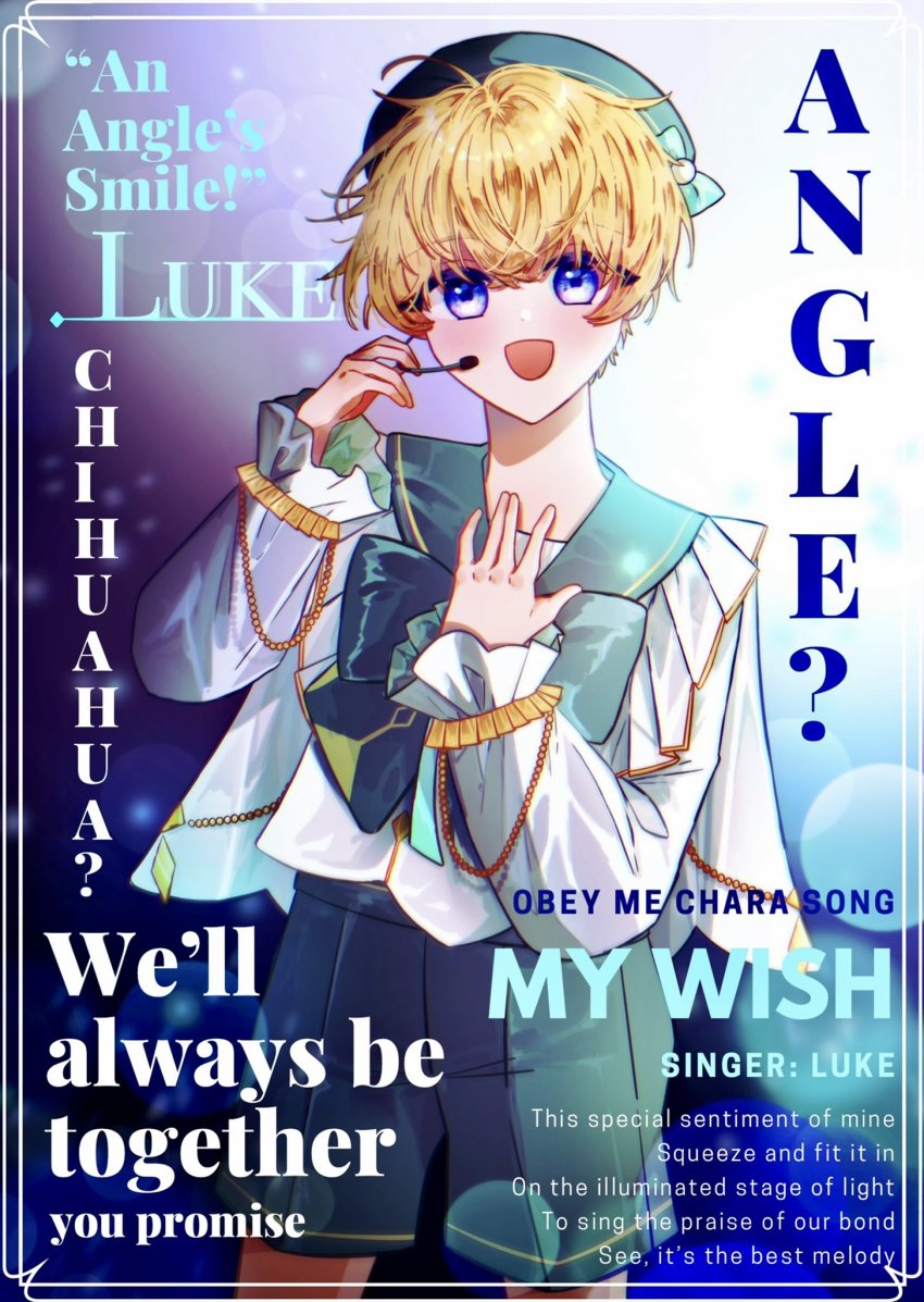 angel, blonde_hair, blue_eyes, bow, cape, hat, highres, luke_(obey_me!:_one_master_to_rule_them_all!)