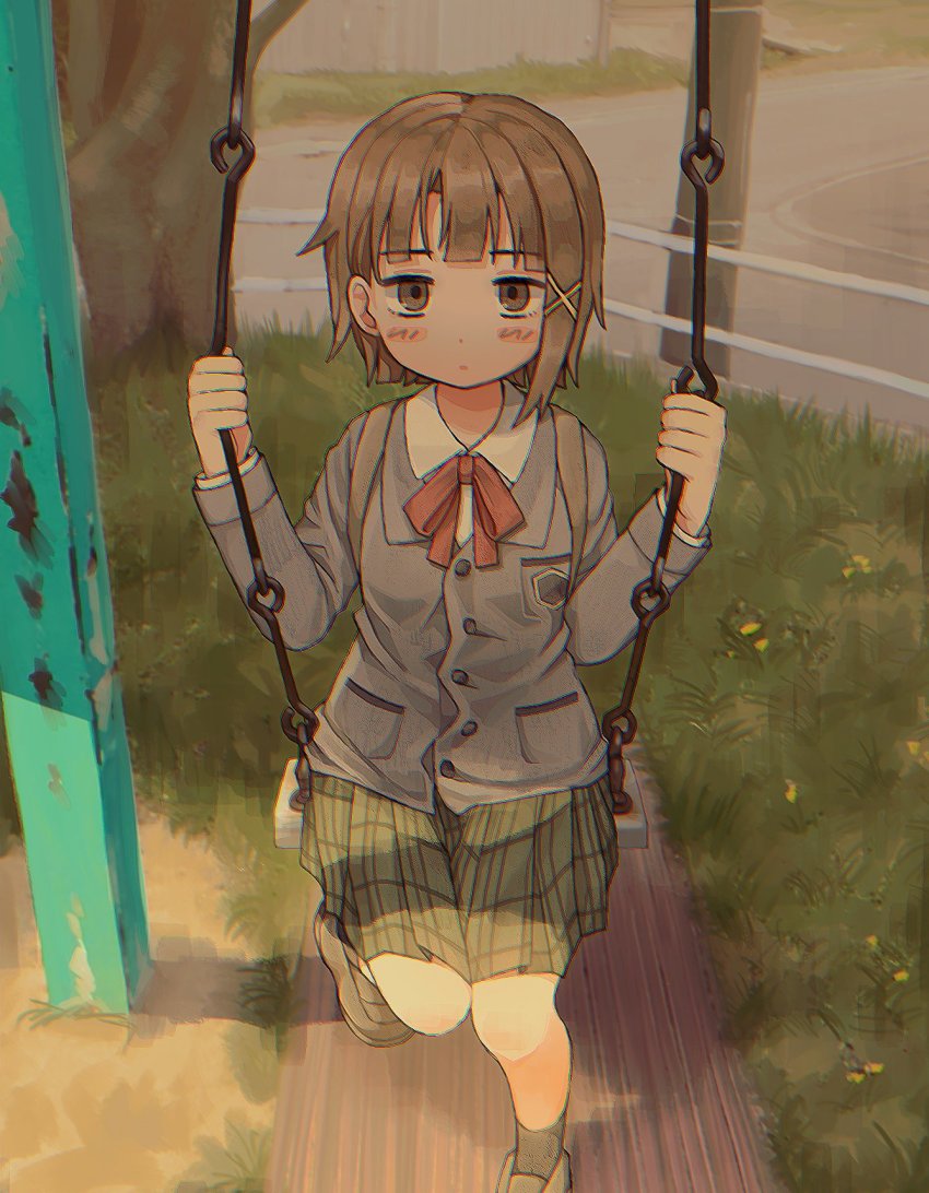 1girl, black_socks, blue_jacket, blush, blush_stickers, brown_eyes, brown_hair, brown_shoes