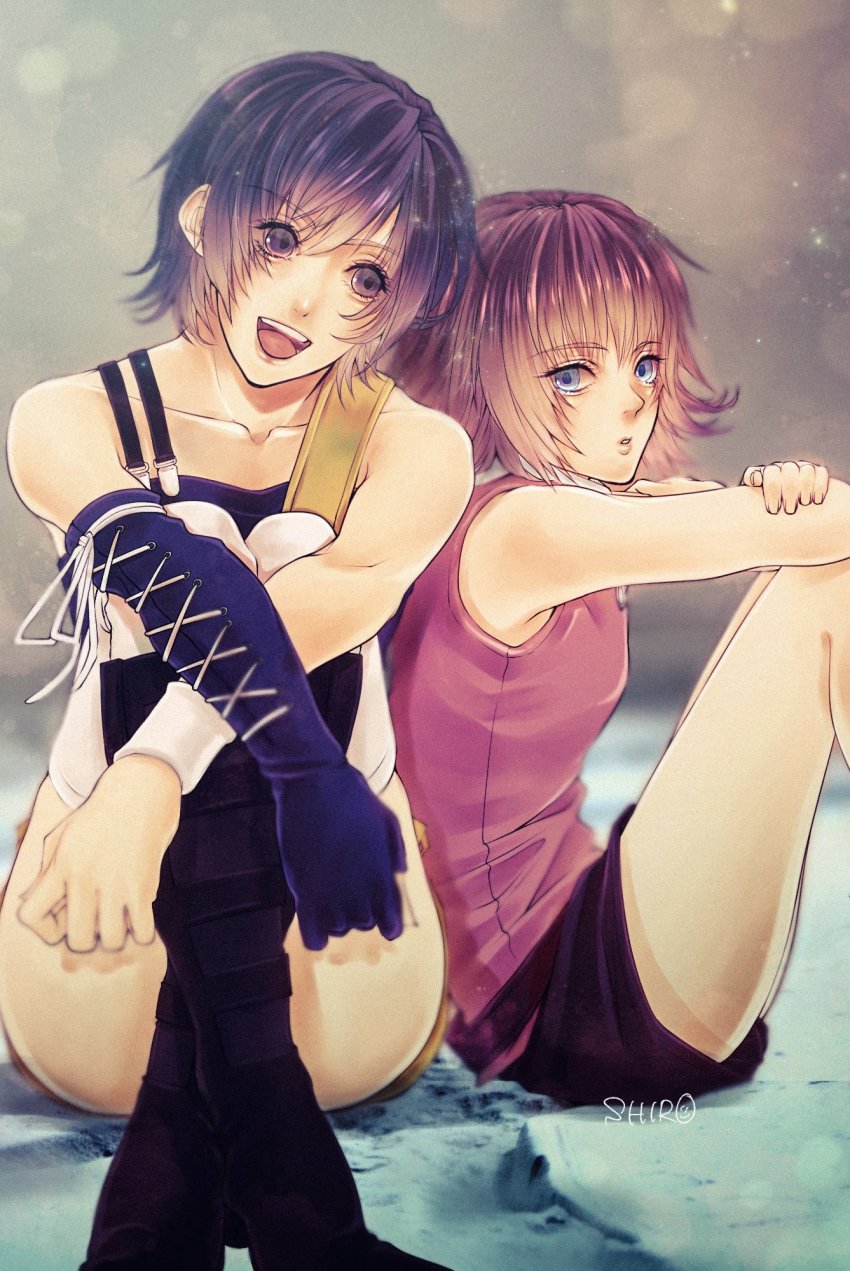 2girls, belt, blue_eyes, boots, brown_hair, detached_sleeves, dirge_of_cerberus:_final_fantasy_vii, final_fantasy, final_fantasy_vii, highres, multiple_girls, s_hitorigoto3, shelke_the_transparent, short_hair, sitting, smile, square_enix, thighhighs, wristband, yuffie_kisaragi